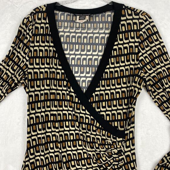 Frank Lyman Tan & Black Fixed Wrap Style Geometric Flattering Jersey Dress US 12 - Picture 9 of 9